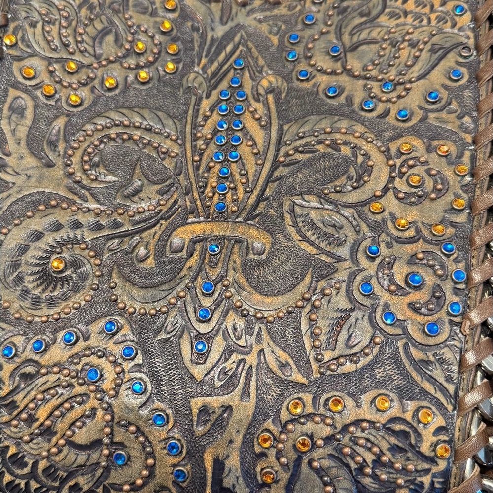 Kippy’s authentic - Fringe Embossed Fleur de lis  leather Shoulder Bag - Picture 2 of 9